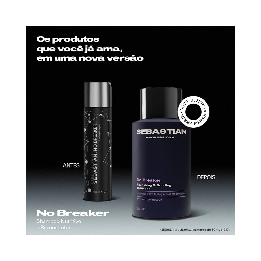 Frasco de shampoo Sebastian No Breaker 280ml mostrando o rótulo preto com detalhes em rosa.